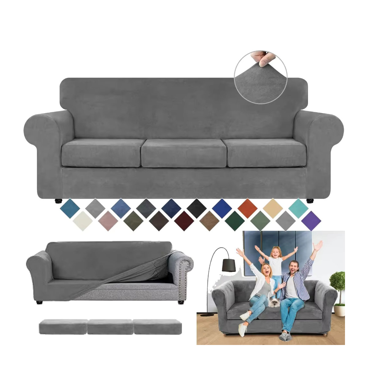 Chesterfield-Couchbezug aus Stretch-Samt mit Sitzkissenbezug für gebogene Sofasessel im Vintage-Stil in Grau und Grün - Bild 6