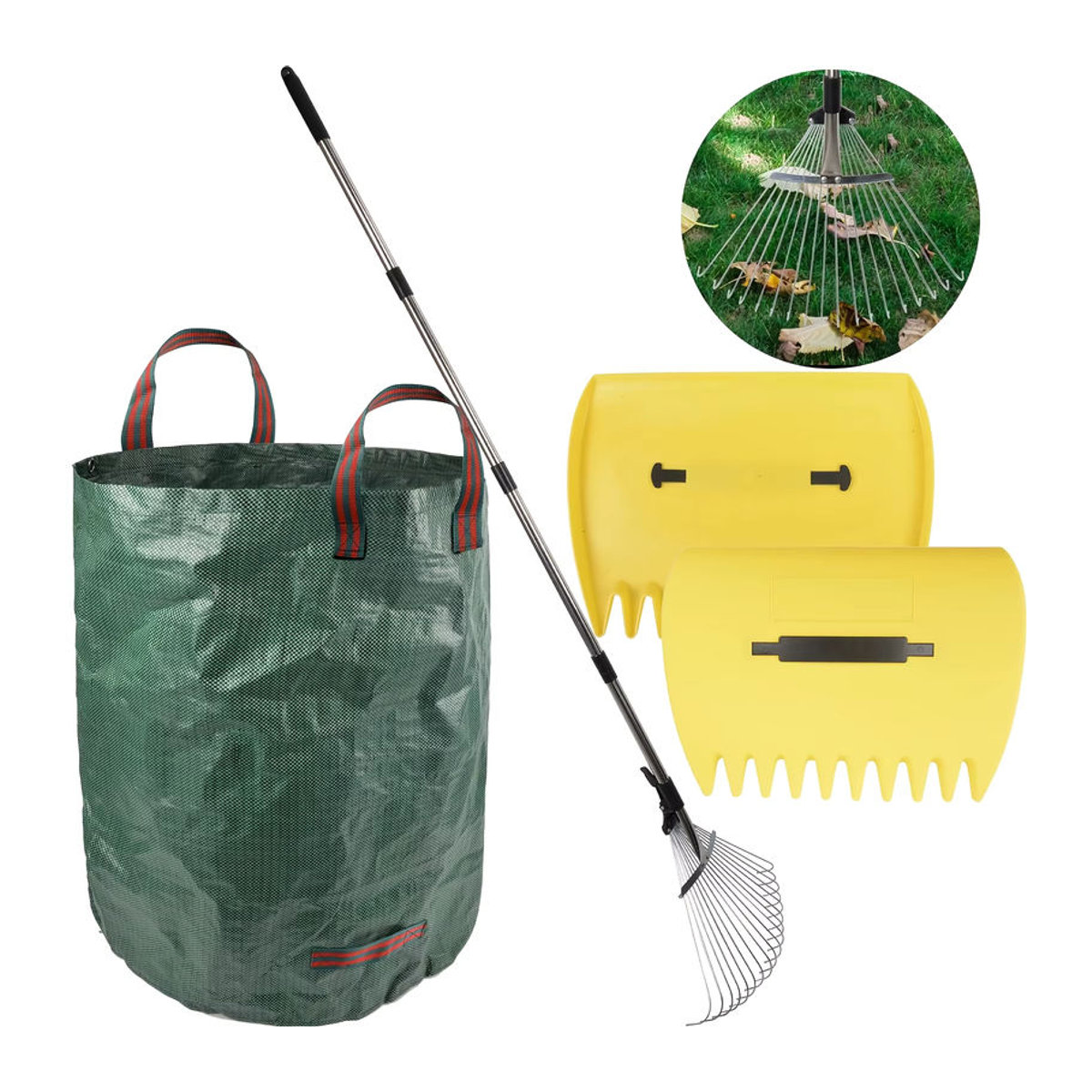 ChezMax Leaf Collector Gartenrechen-Set mit verstellbarem 18-Zahn-Klingenrechen, Klingenpflücker und 72 Gallonen Rasenmüllsack - Bild 1