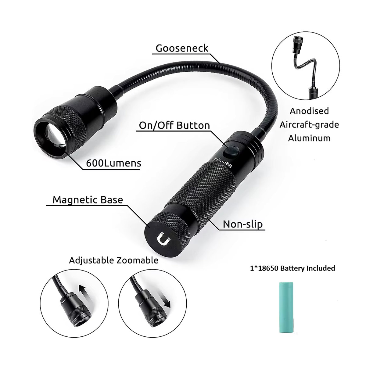 CHIN TORCH LED-Arbeitsleuchte mit flexiblem Schwanenhals, Magnetfuß und Zoomfunktion in Ultrahell - Bild 2