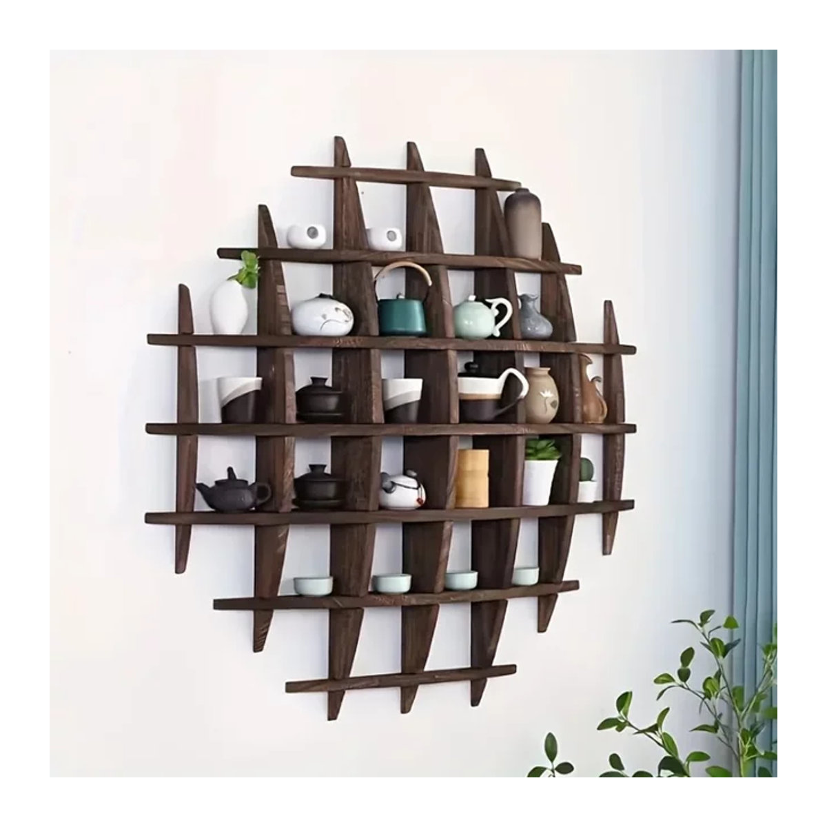 Chinesischer Teetassenhalter aus massivem Holz in Braun, Wandmontierter Teekannenständer im orientalischen Design als Wanddekoration und Regalaufbewahrung - Bild 1