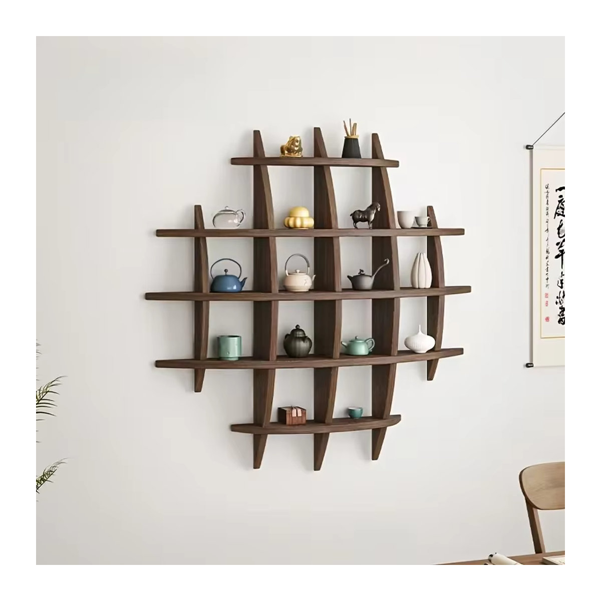 Chinesischer Teetassenhalter aus massivem Holz in Braun, Wandmontierter Teekannenständer im orientalischen Design als Wanddekoration und Regalaufbewahrung - Bild 3