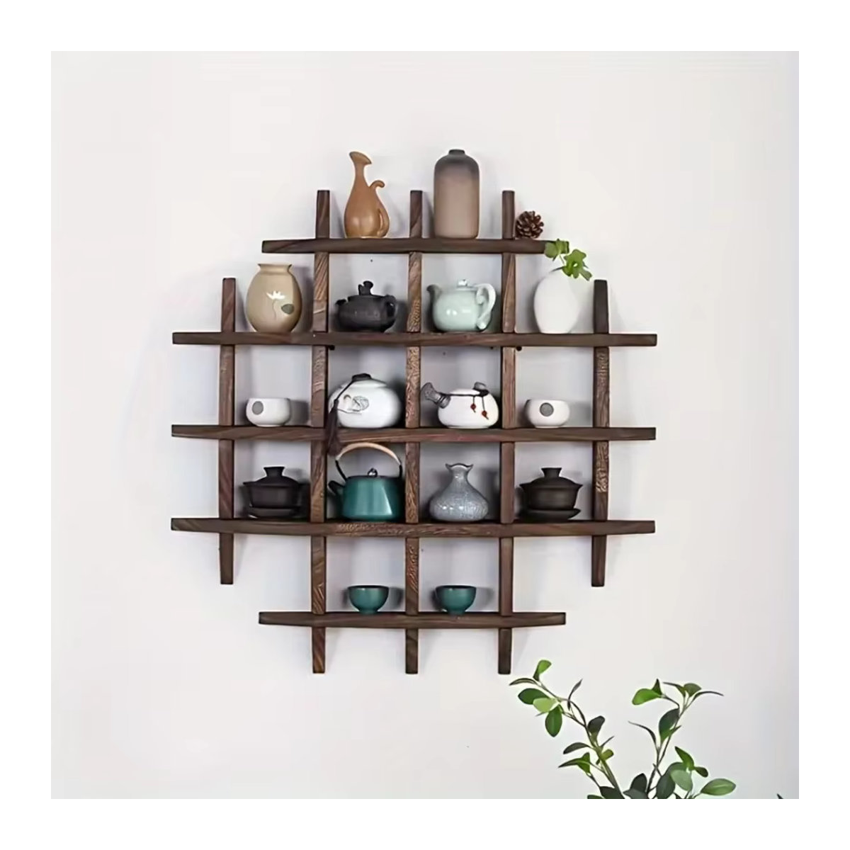 Chinesischer Teetassenhalter aus massivem Holz in Braun, Wandmontierter Teekannenständer im orientalischen Design als Wanddekoration und Regalaufbewahrung - Bild 4