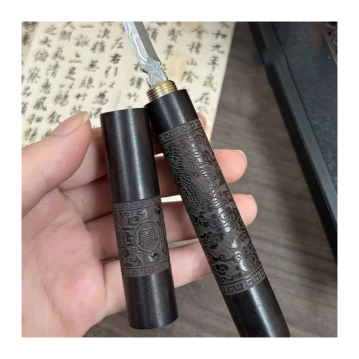 Chinesisches Tee-Messer aus Holz in Schwarz für die Teezeremonie zum Schneiden von Puerh Tee Kuchen - Bild 5