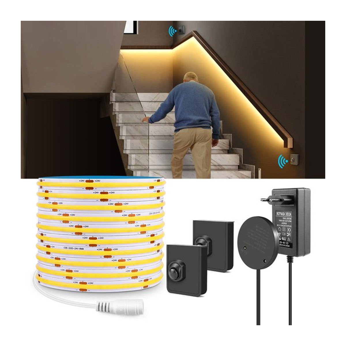 CHNAITEKE 24V COB LED-Lichtleiste mit PIR-Bewegungssensor und drahtlosem HF-Empfänger in Schwarz für die Möbelbeleuchtung - Bild 1