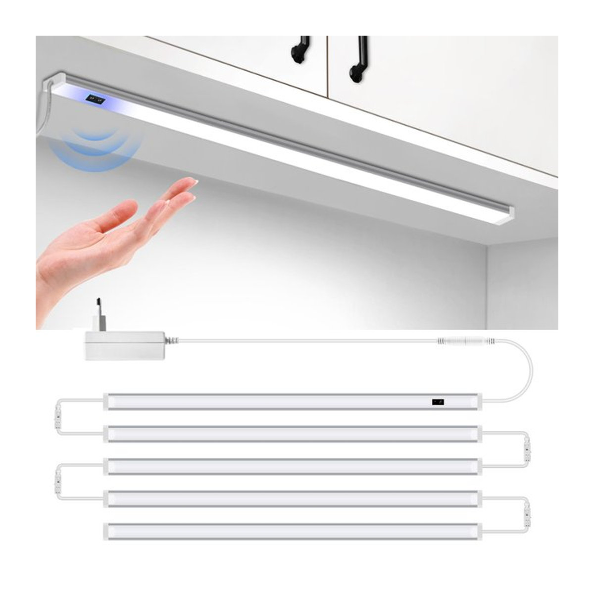 CHNAITEKE LED Bar Licht 12V aus Aluminium mit Motion Sensor und dimmbarer Hand-Sweep-Steuerung für Möbelbeleuchtung, Weiß/Alufarben - Bild 1