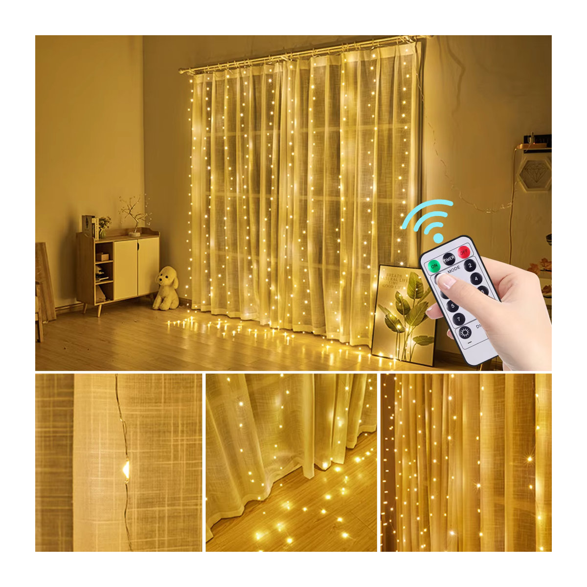 CHNAITEKE LED-Vorhangleuchten mit USB-Fernbedienung in Weiß als Feengirlande zur Dekoration - Bild 2