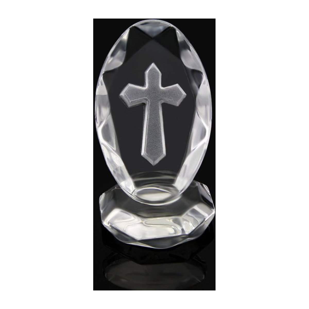 Christliches Kristallkreuz aus Glas in transparentem Design mit Basis und Geschenkbox als religiöse Dekoration - Bild 1