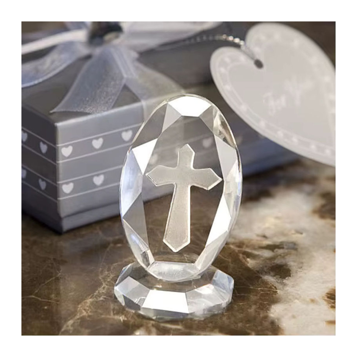Christliches Kristallkreuz aus Glas in transparentem Design mit Basis und Geschenkbox als religiöse Dekoration - Bild 2