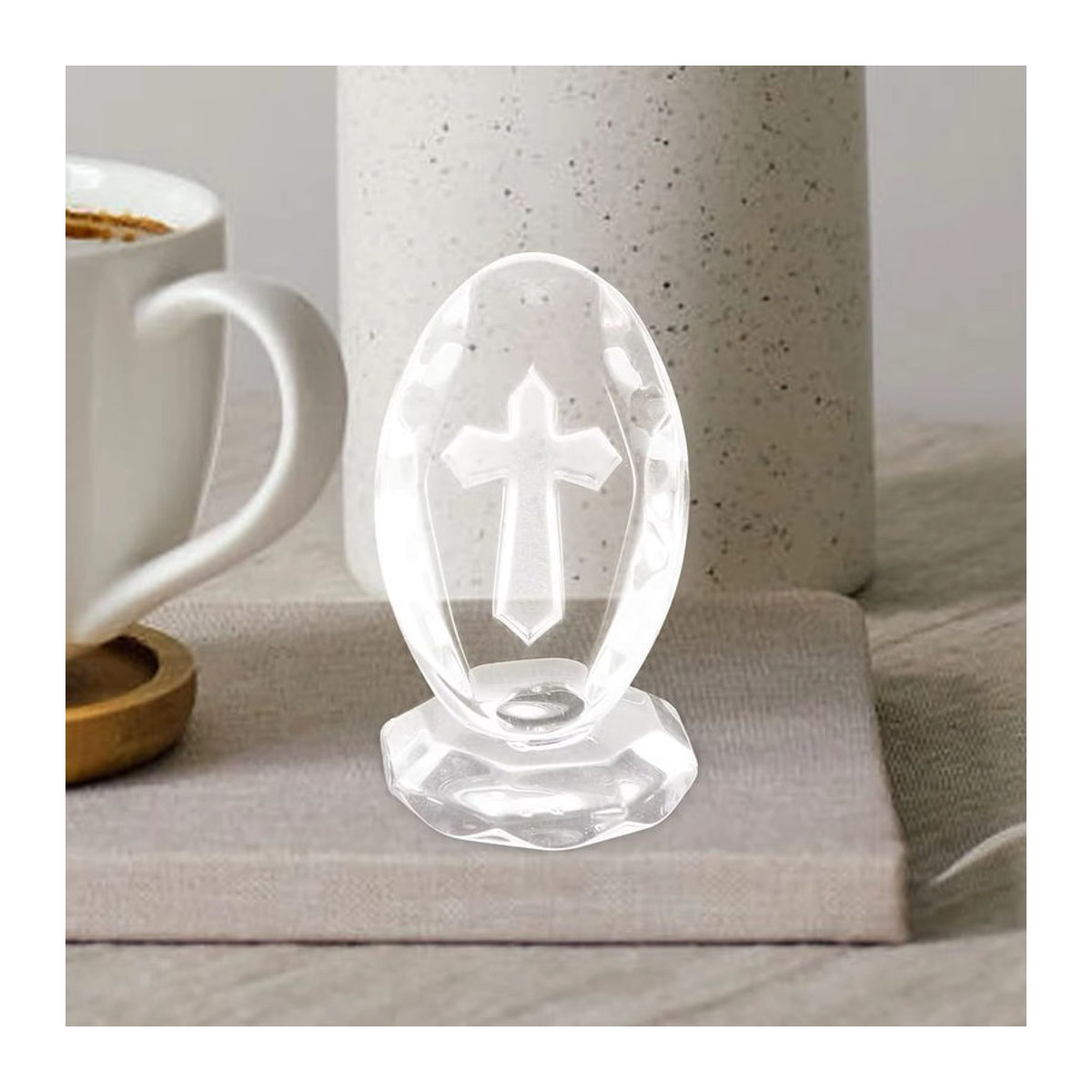 Christliches Kristallkreuz aus Glas in transparentem Design mit Basis und Geschenkbox als religiöse Dekoration - Bild 4