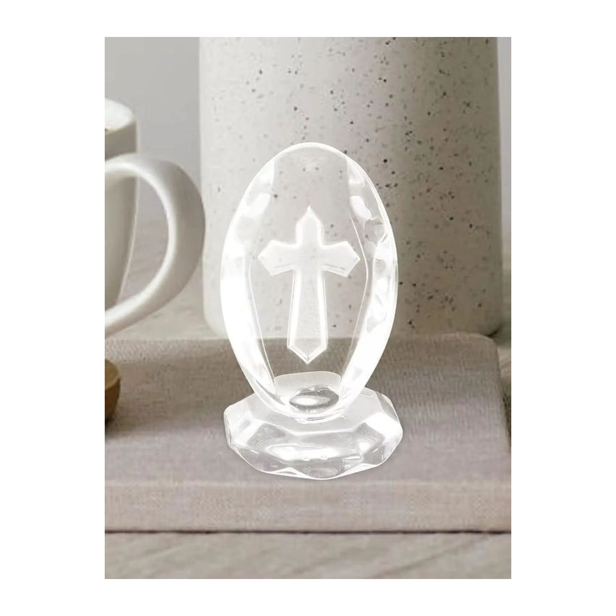 Christliches Kristallkreuz aus Glas in transparentem Design mit Basis und Geschenkbox als religiöse Dekoration - Bild 5