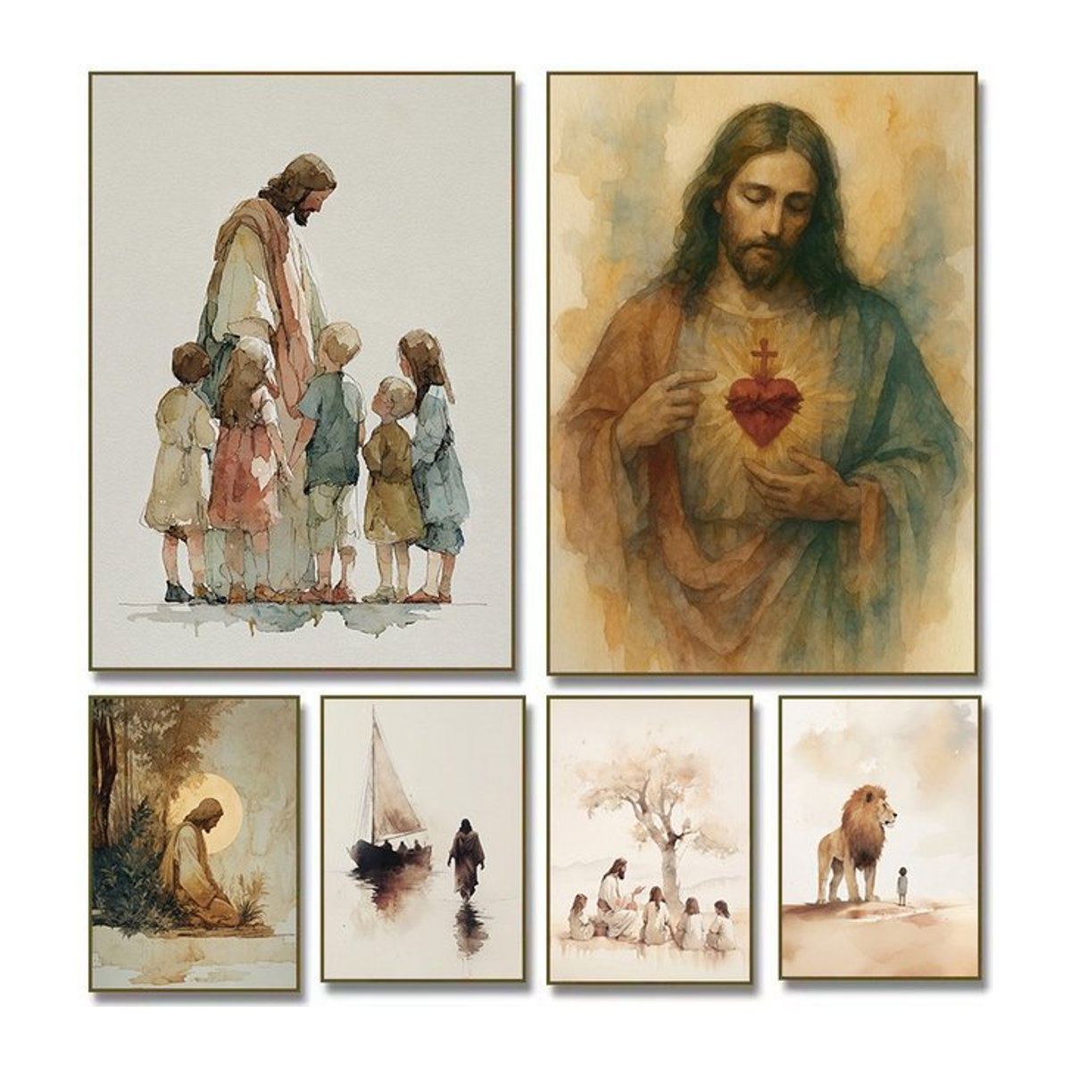Christliches Wandbild Potdemiel Retro Aquarell Jesus mit Kindern Porträt auf Leinwand in Mehrfarbig - Bild 1