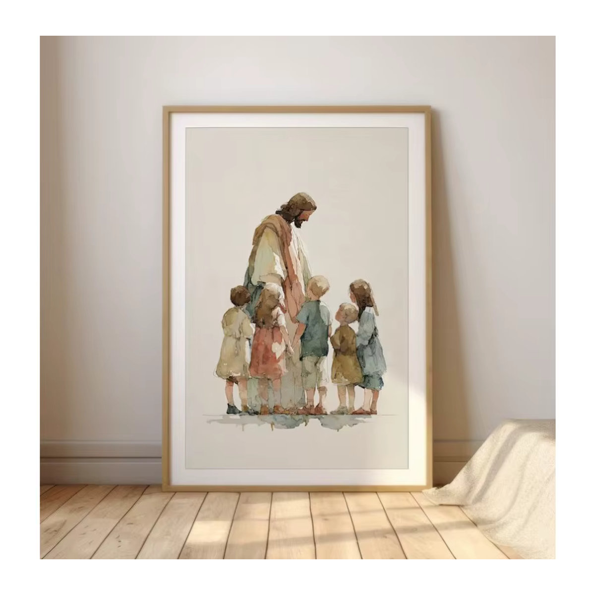 Christliches Wandbild Potdemiel Retro Aquarell Jesus mit Kindern Porträt auf Leinwand in Mehrfarbig - Bild 2