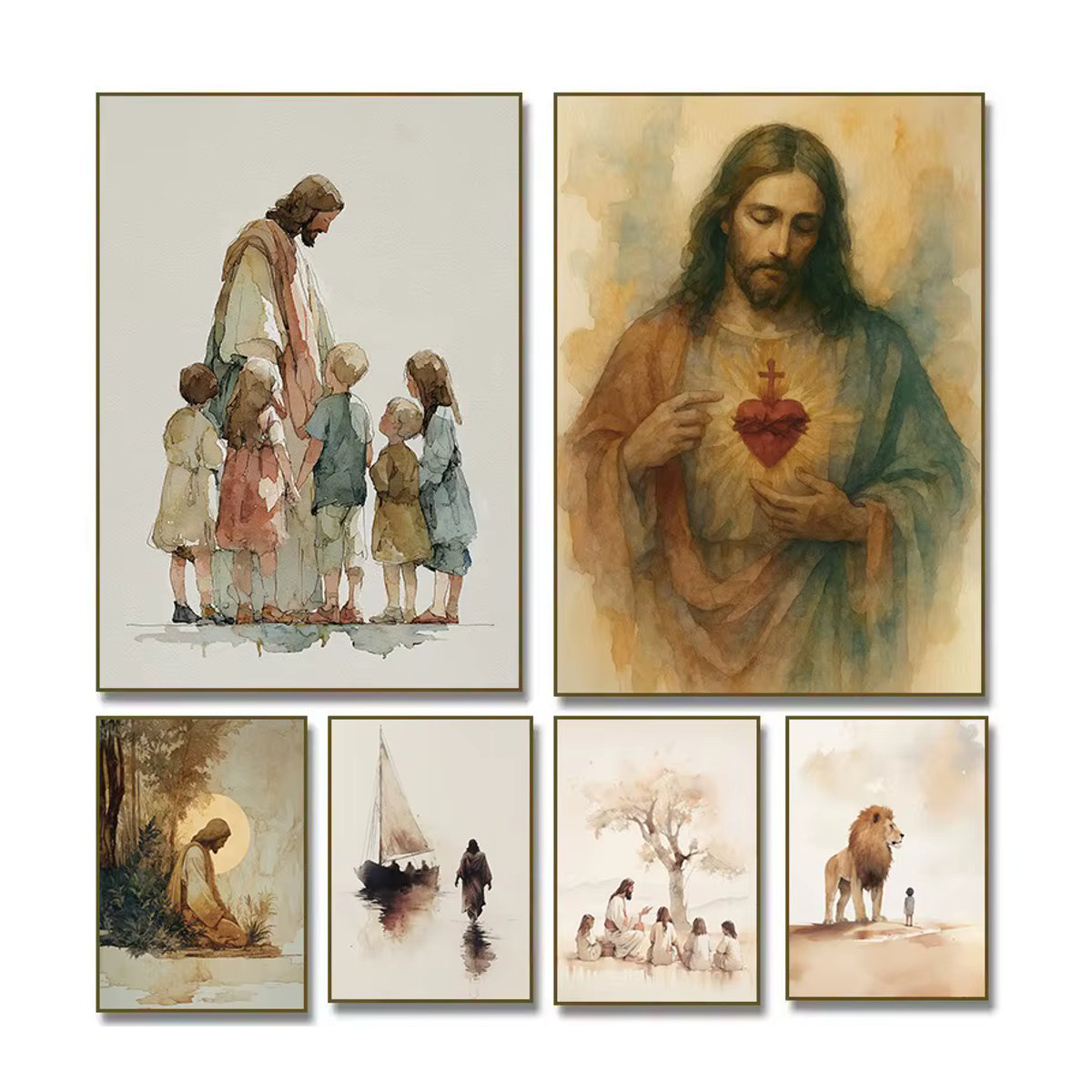 Christliches Wandbild Potdemiel Retro Aquarell Jesus mit Kindern Porträt auf Leinwand in Mehrfarbig - Bild 3