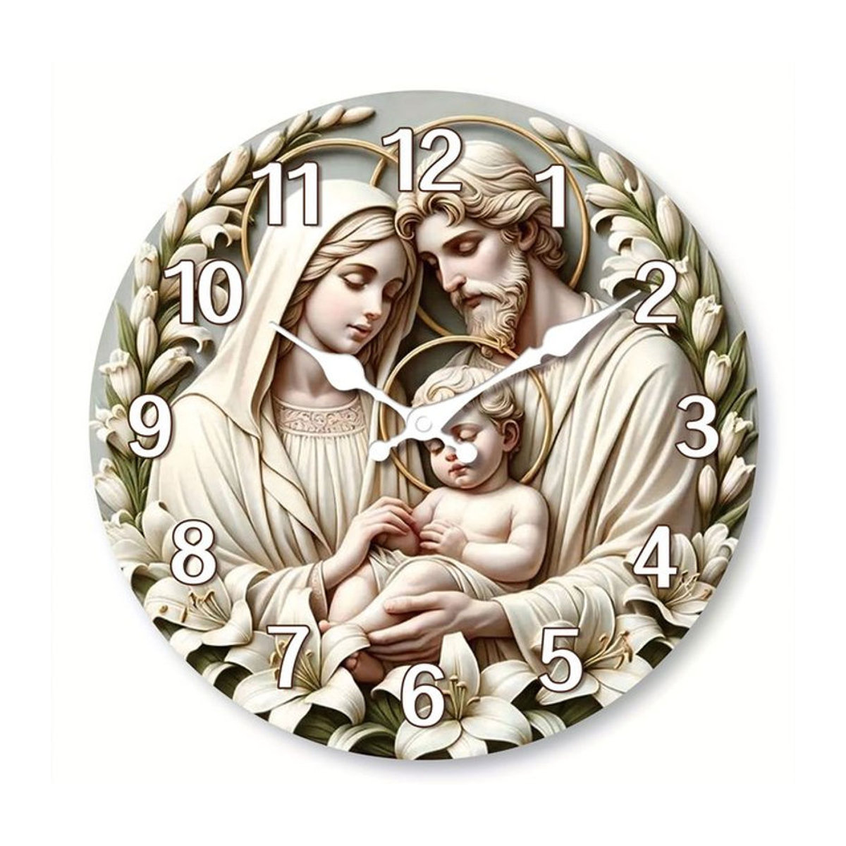Christus Wanduhr aus Holz mit Krippe Motiv in Beige, Geräuschlose analoge Runduhr für deine Weihnachtsdekoration - Bild 1