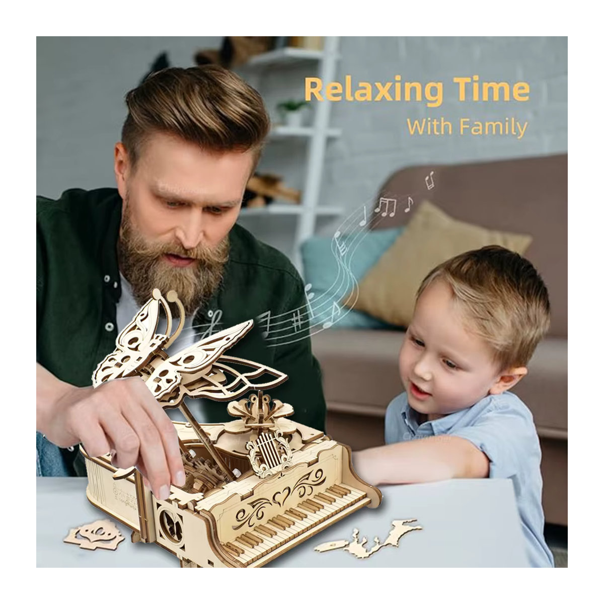 Chriyungel 3D Holzpuzzle Spieluhr Klavier Modellbausatz DIY Musikinstrument in Beige - Bild 3