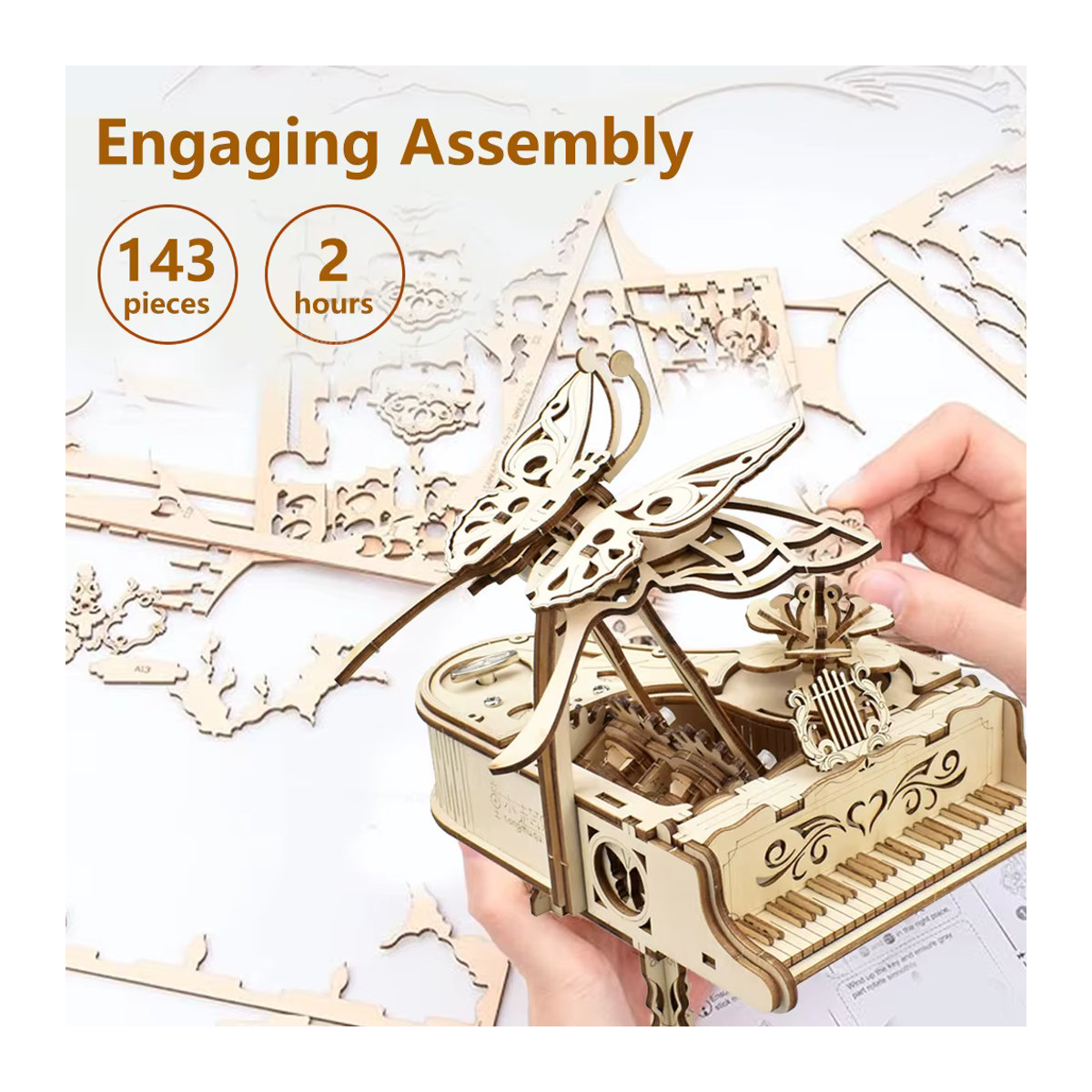 Chriyungel 3D Holzpuzzle Spieluhr Klavier Modellbausatz DIY Musikinstrument in Beige - Bild 4