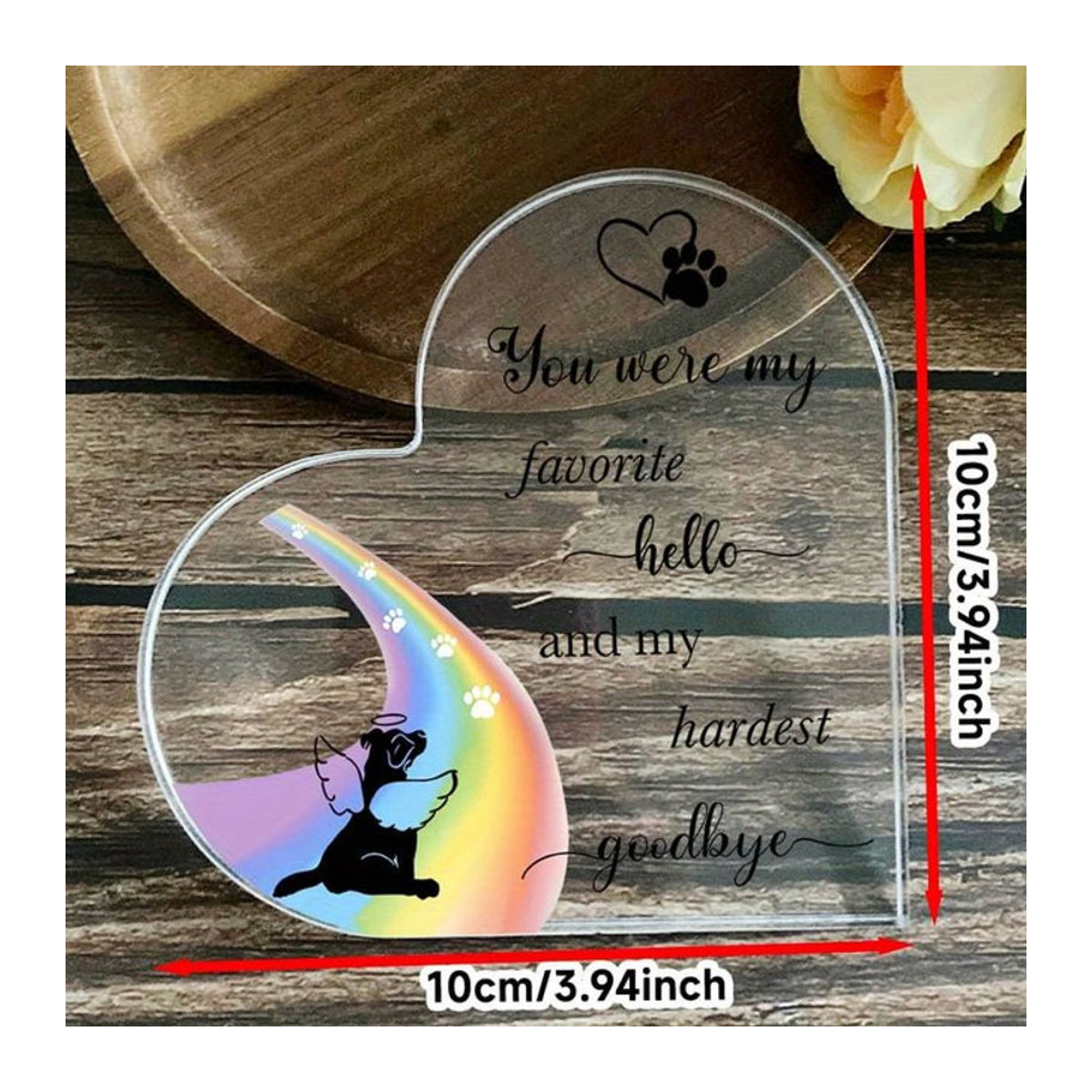 CIFBUY 2D Acryl Herz-Schild Regenbogen-Pfoten Gedenkschild für Haustiere in Weiß und Transparent - Bild 1