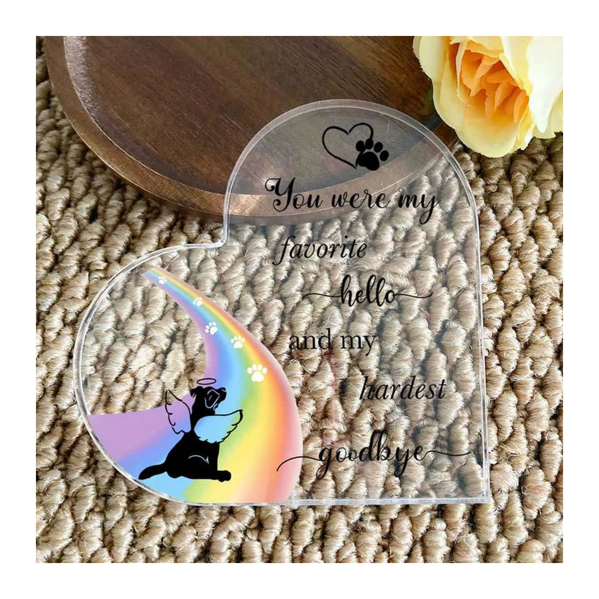 CIFBUY 2D Acryl Herz-Schild Regenbogen-Pfoten Gedenkschild für Haustiere in Weiß und Transparent - Bild 2