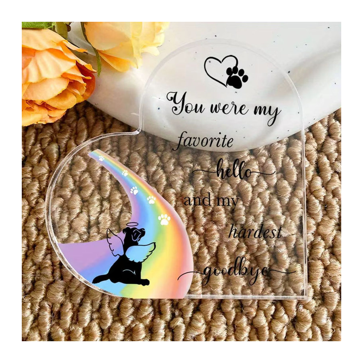 CIFBUY 2D Acryl Herz-Schild Regenbogen-Pfoten Gedenkschild für Haustiere in Weiß und Transparent - Bild 3
