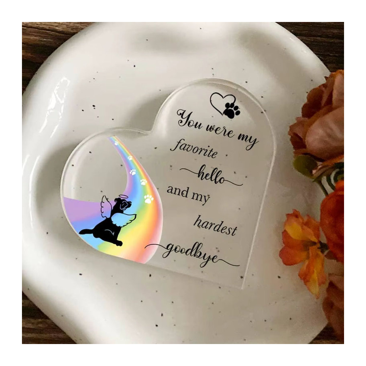 CIFBUY 2D Acryl Herz-Schild Regenbogen-Pfoten Gedenkschild für Haustiere in Weiß und Transparent - Bild 5