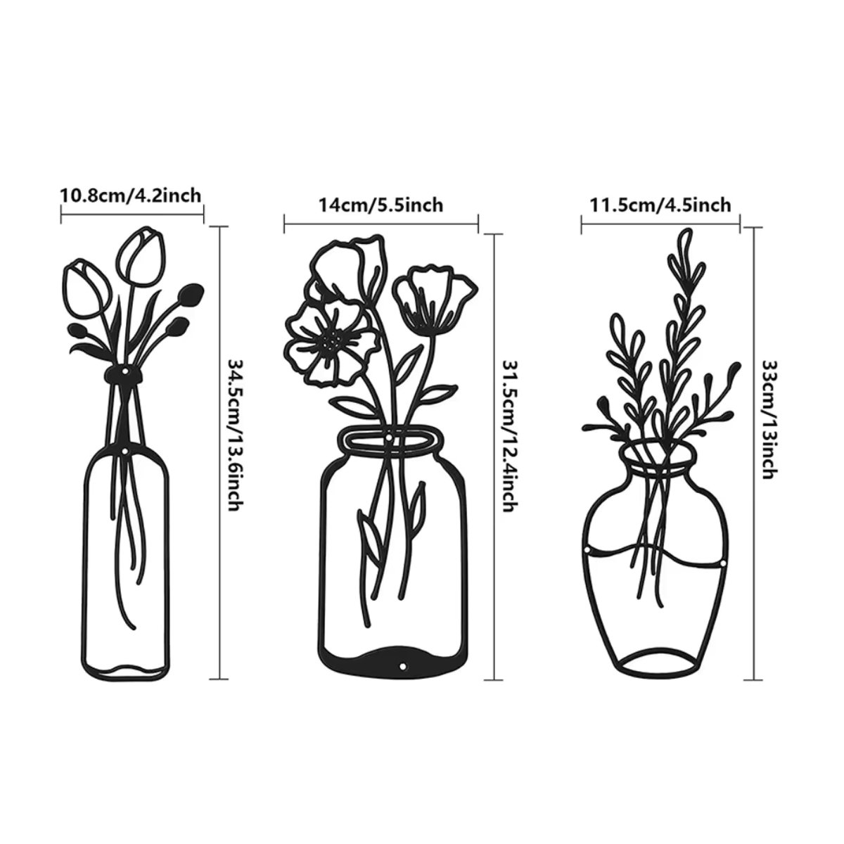 CIFBUY 3-teilige Metall Tulpe Wanddekoration in Schwarz, minimalistische florale Eisendraht Skulpturen für Küche und Bad - Bild 2