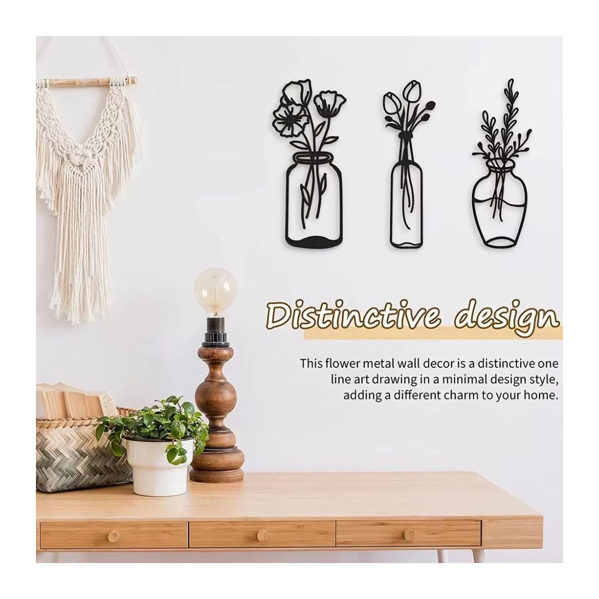 CIFBUY 3-teilige Metall Tulpe Wanddekoration in Schwarz, minimalistische florale Eisendraht Skulpturen für Küche und Bad - Bild 3
