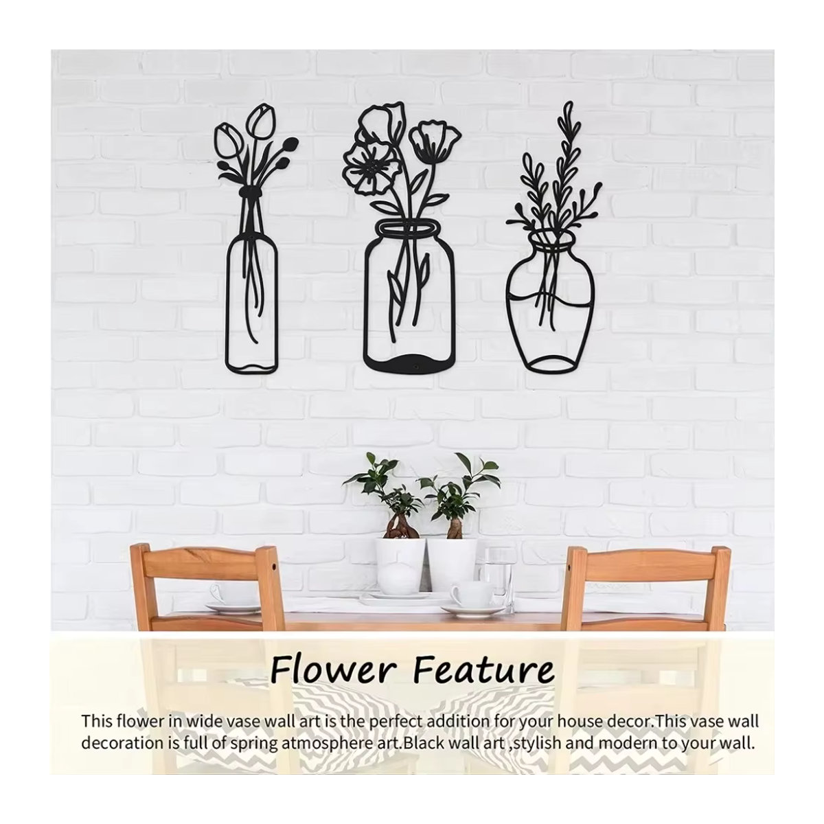 CIFBUY 3-teilige Metall Tulpe Wanddekoration in Schwarz, minimalistische florale Eisendraht Skulpturen für Küche und Bad - Bild 5