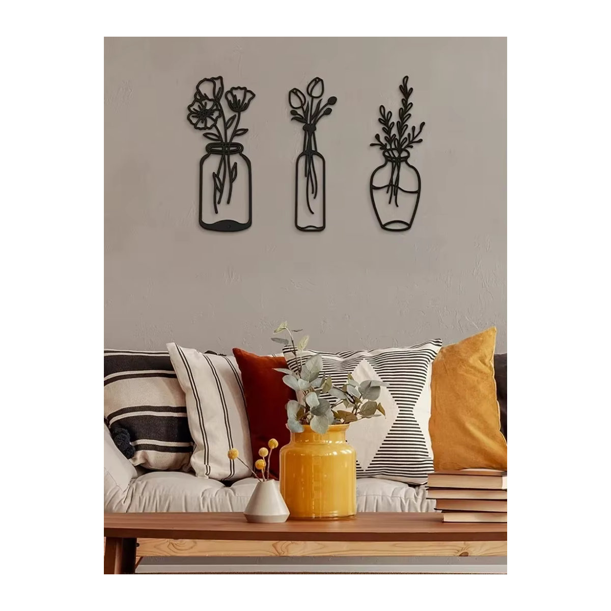 CIFBUY 3-teilige Metall Tulpe Wanddekoration in Schwarz, minimalistische florale Eisendraht Skulpturen für Küche und Bad - Bild 6
