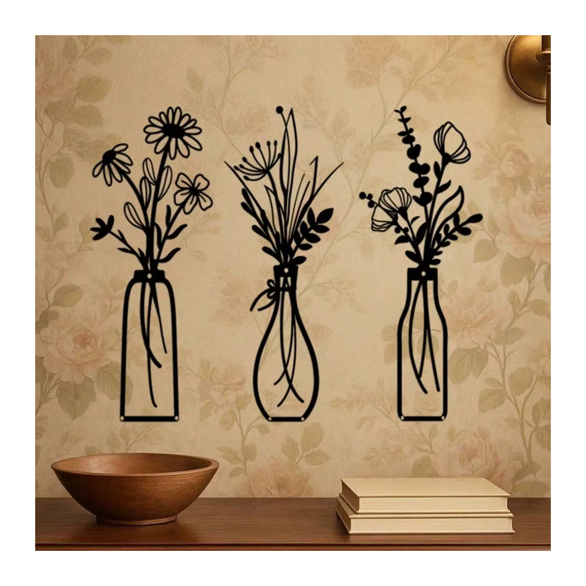CIFBUY 3-teiliges Vintage Metall-Wandkunst Set mit floralem Blumenmotiv und geometrischen Vasen-Skulpturen in Schwarz - Bild 5