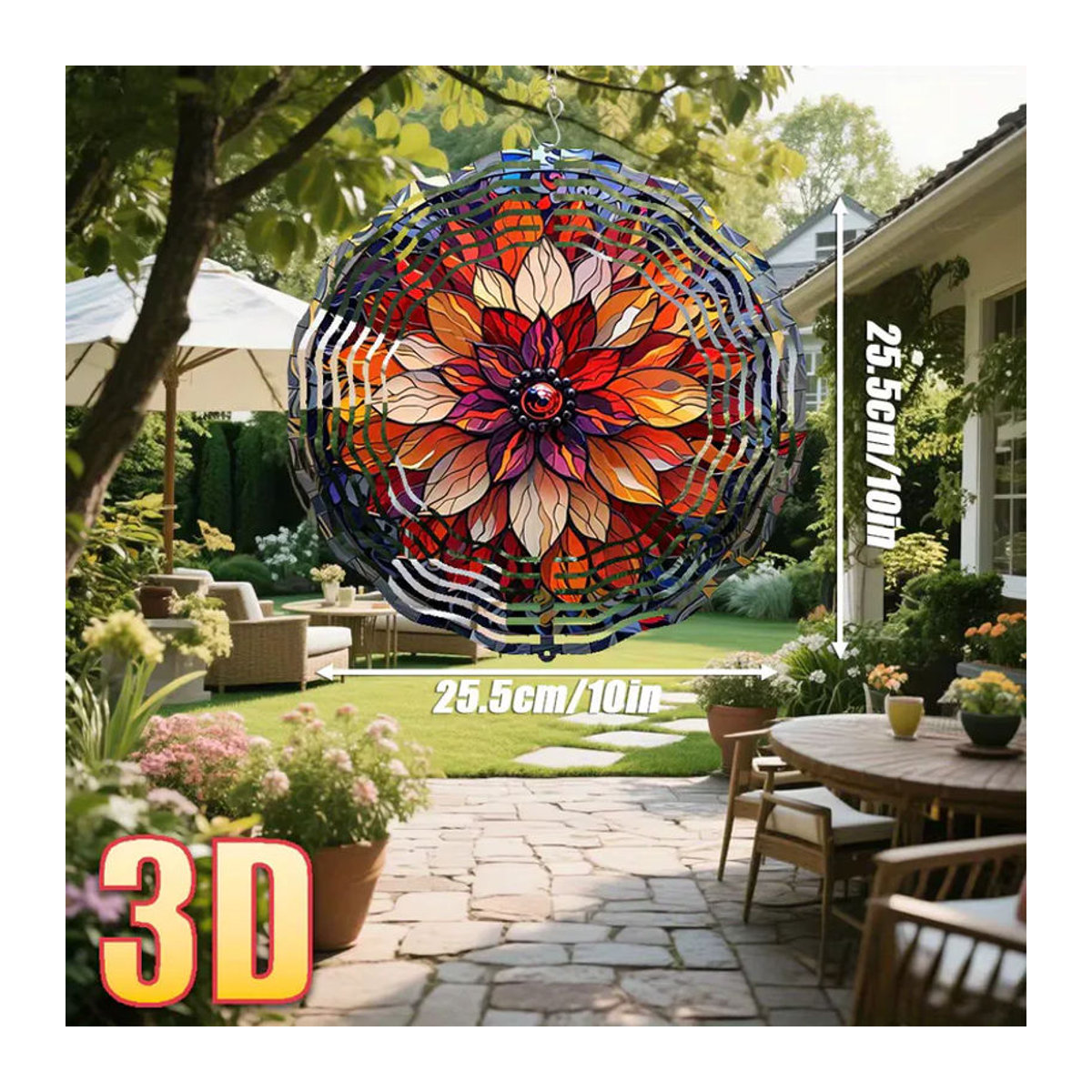 CIFBUY 3D-Blumenwanddekoration aus Glas, rund, mehrfarbig, Durchmesser: 25,4 cm, hängender Spinner mit Haken für Garten, Innen- und Außenbereich - Bild 4