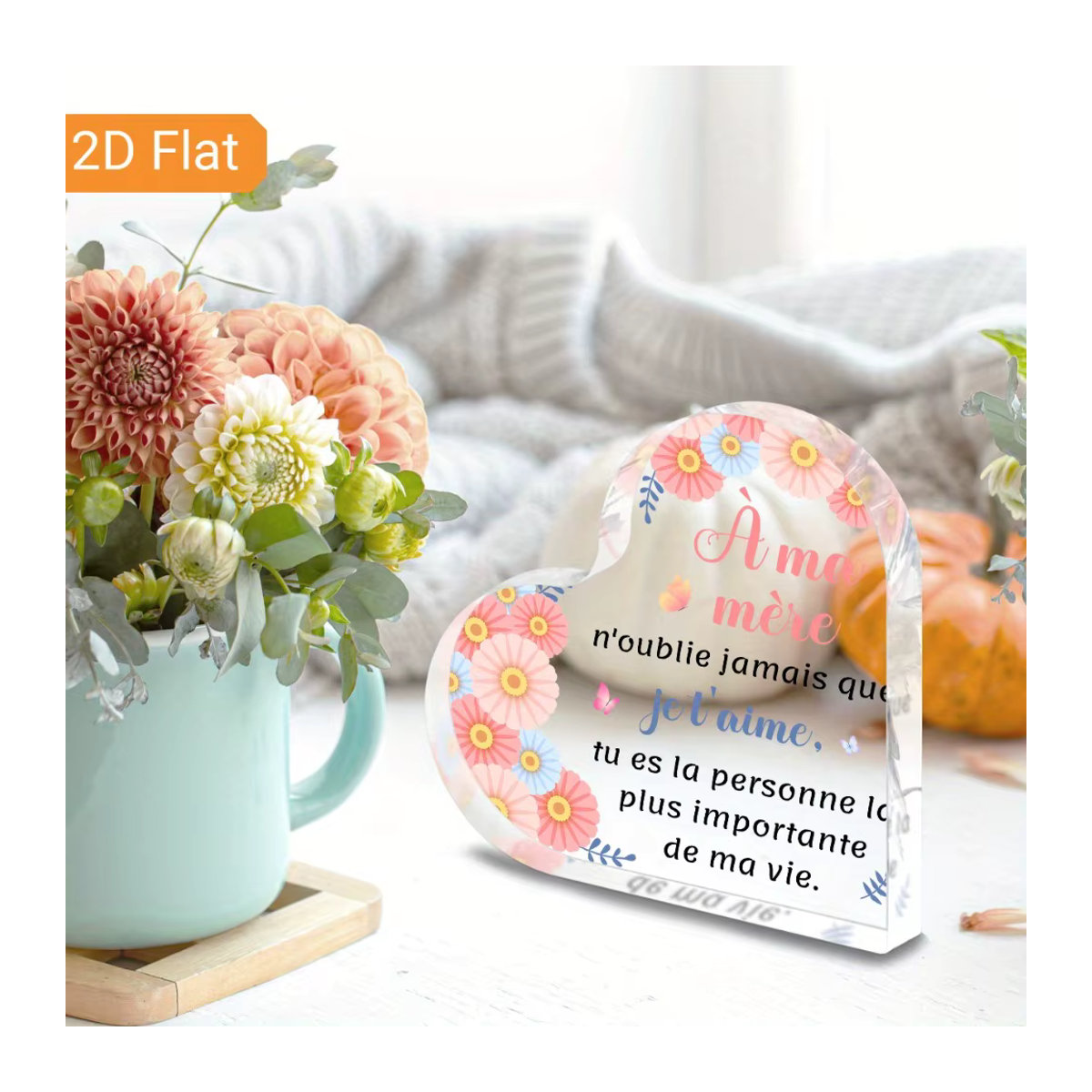 CIFBUY Acrylschild A Mere mit floralem Herz-Design, Blumen und Schmetterlingen, transparent und weiß, quadratisch, rahmenlos zur Tischdekoration - Bild 2