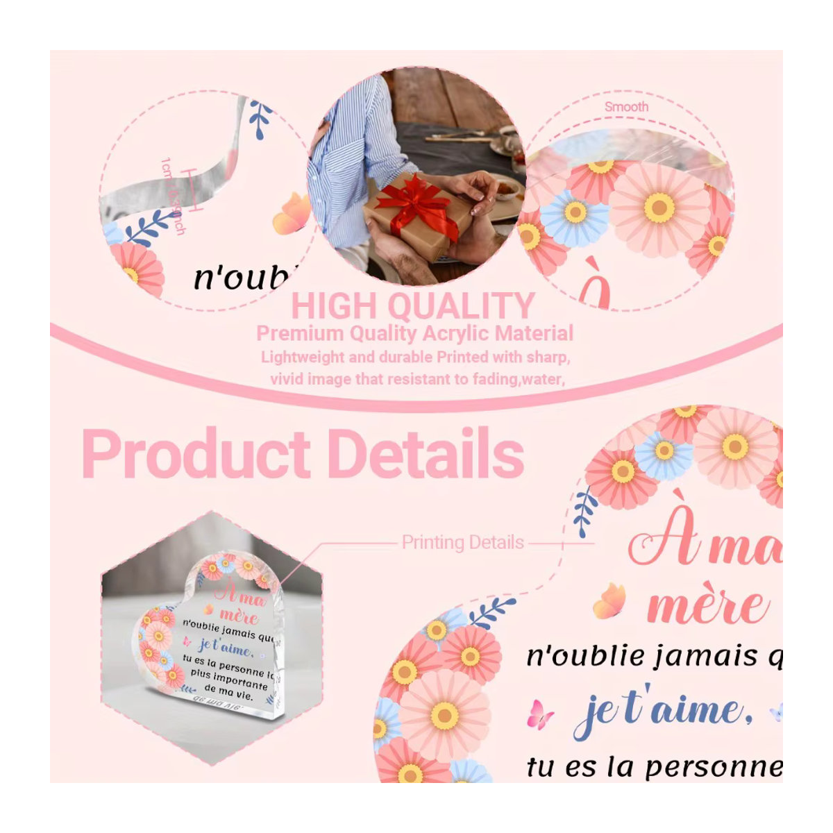 CIFBUY Acrylschild A Mere mit floralem Herz-Design, Blumen und Schmetterlingen, transparent und weiß, quadratisch, rahmenlos zur Tischdekoration - Bild 5
