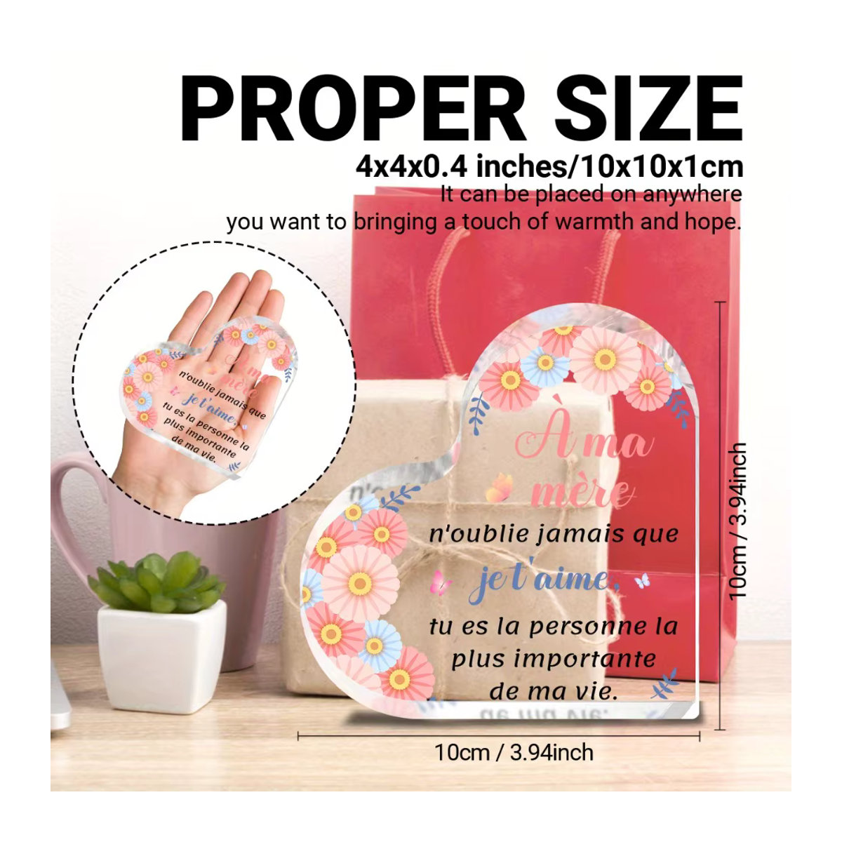 CIFBUY Acrylschild A Mere mit floralem Herz-Design, Blumen und Schmetterlingen, transparent und weiß, quadratisch, rahmenlos zur Tischdekoration - Bild 6