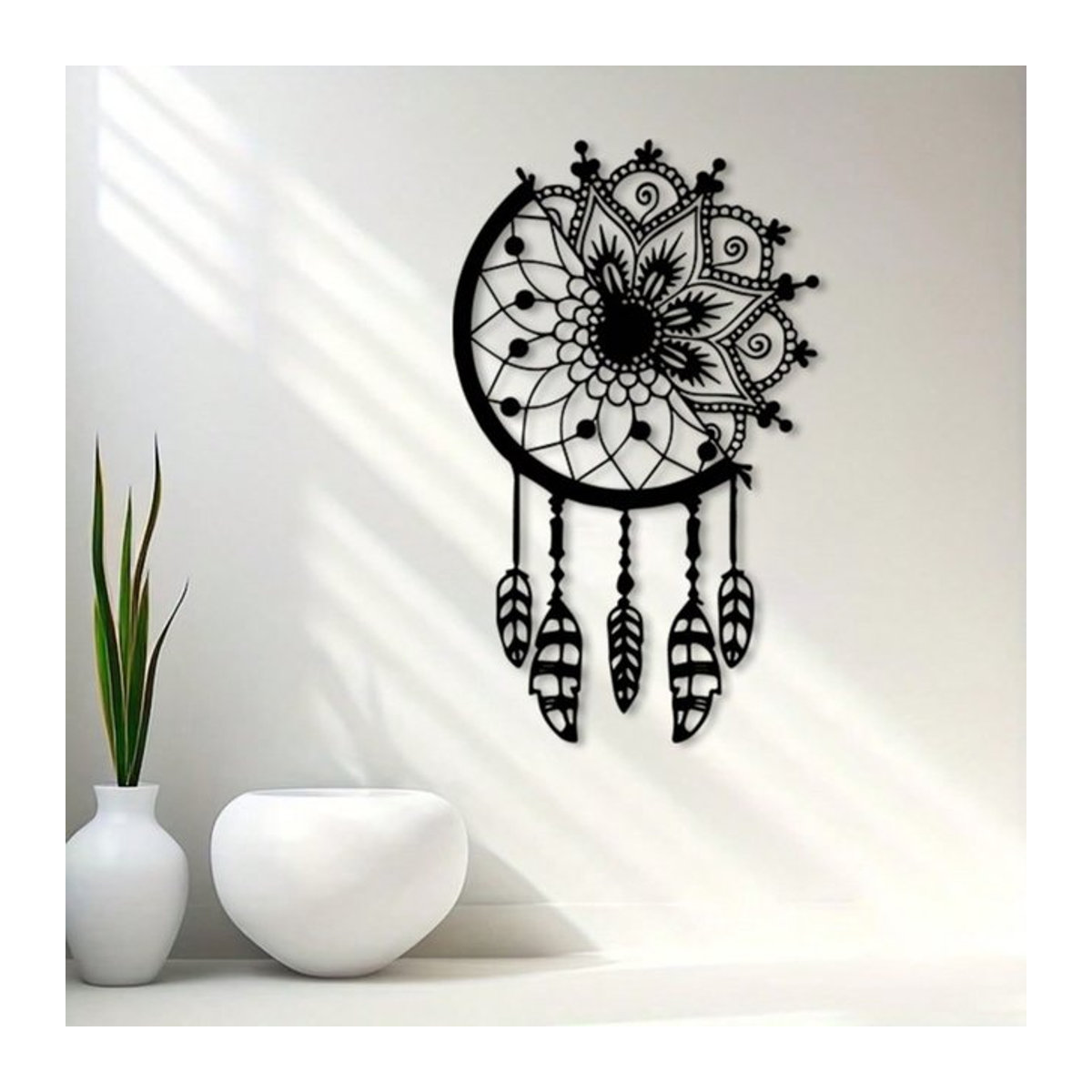 CIFBUY Bohemian Traumfänger aus Metall mit Blumen und Federn in Schwarz als Wandkunst - Bild 1