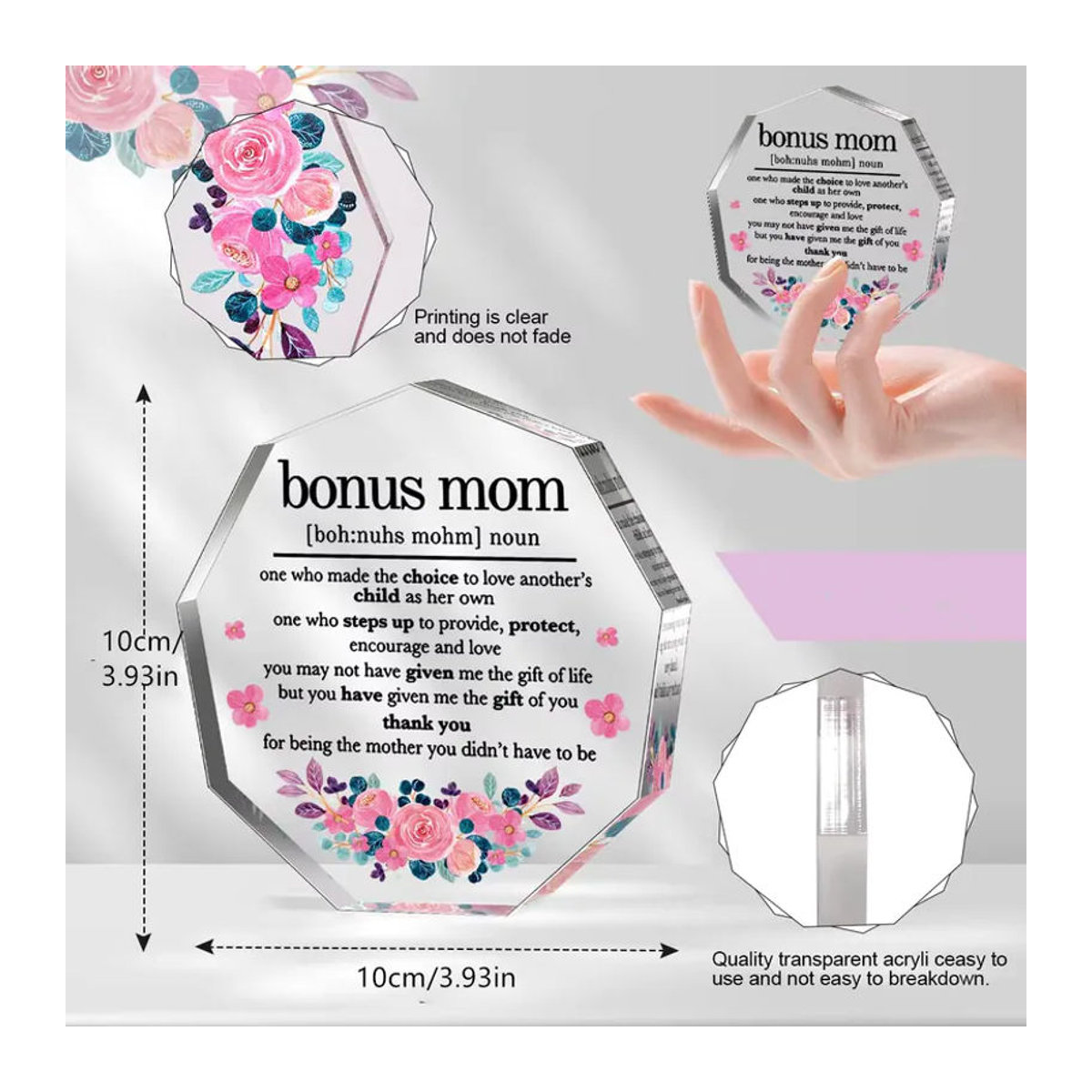 CIFBUY Bonus-Mama Acryl-Plakette mit floralem Design in Weiß und Transparent als modernes Ornament für den Muttertag - Bild 2