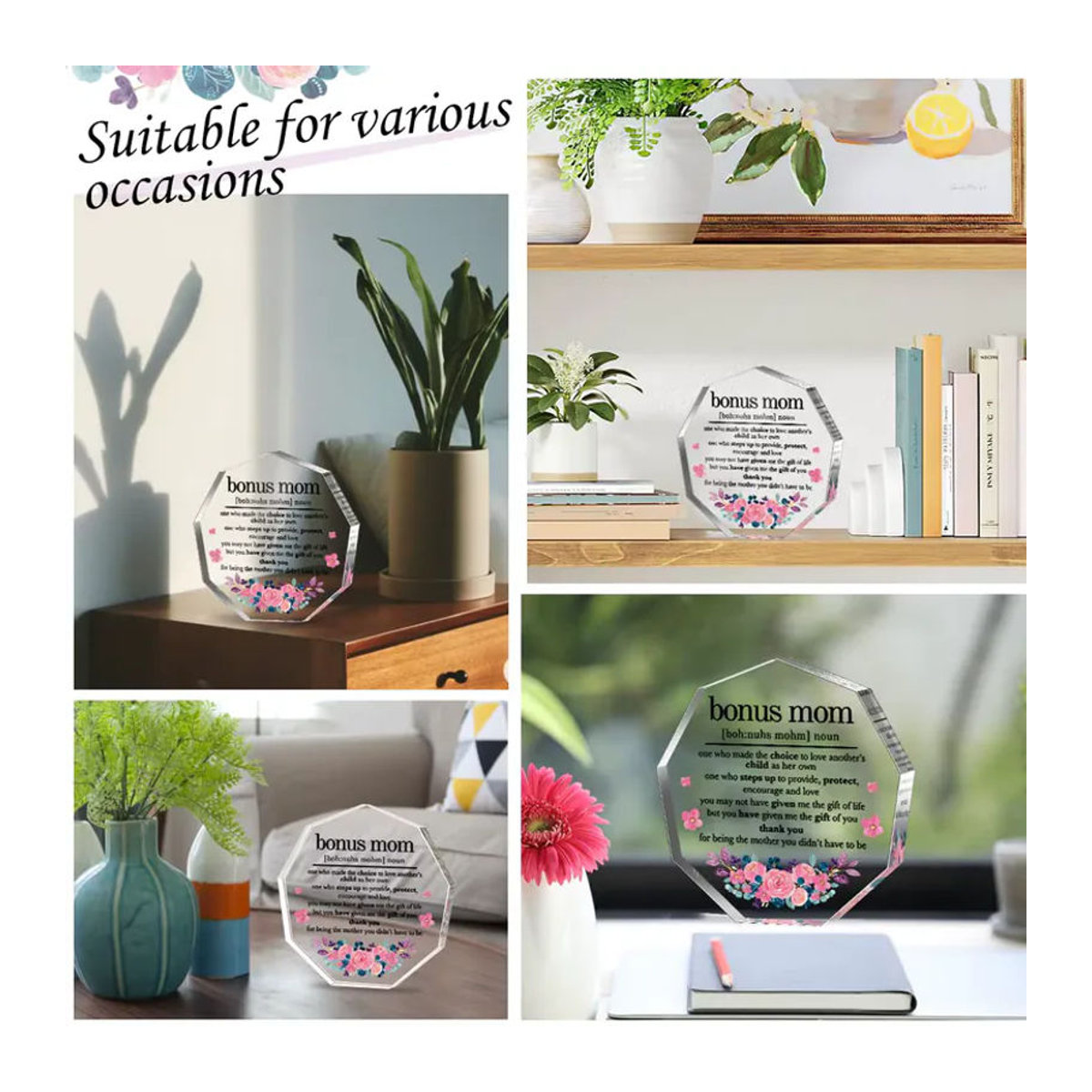 CIFBUY Bonus-Mama Acryl-Plakette mit floralem Design in Weiß und Transparent als modernes Ornament für den Muttertag - Bild 3
