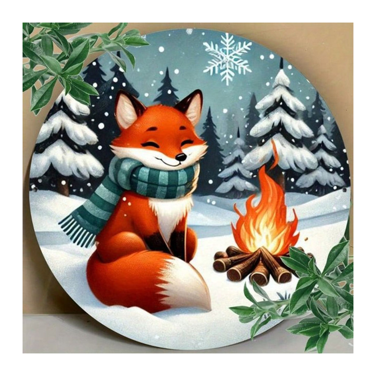 CIFBUY Fox Winter Bonfire Weihnachtsbaum Metallschild, rund, mehrfarbig, Durchmesser: 20,3 cm, Vintage Wandkunst aus Eisen für Zuhause und Garten - Bild 1