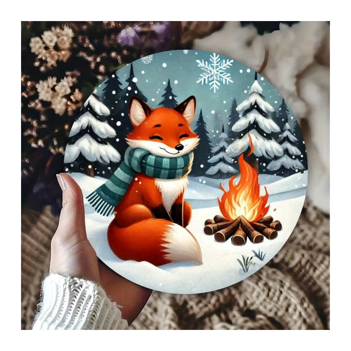 CIFBUY Fox Winter Bonfire Weihnachtsbaum Metallschild, rund, mehrfarbig, Durchmesser: 20,3 cm, Vintage Wandkunst aus Eisen für Zuhause und Garten - Bild 2