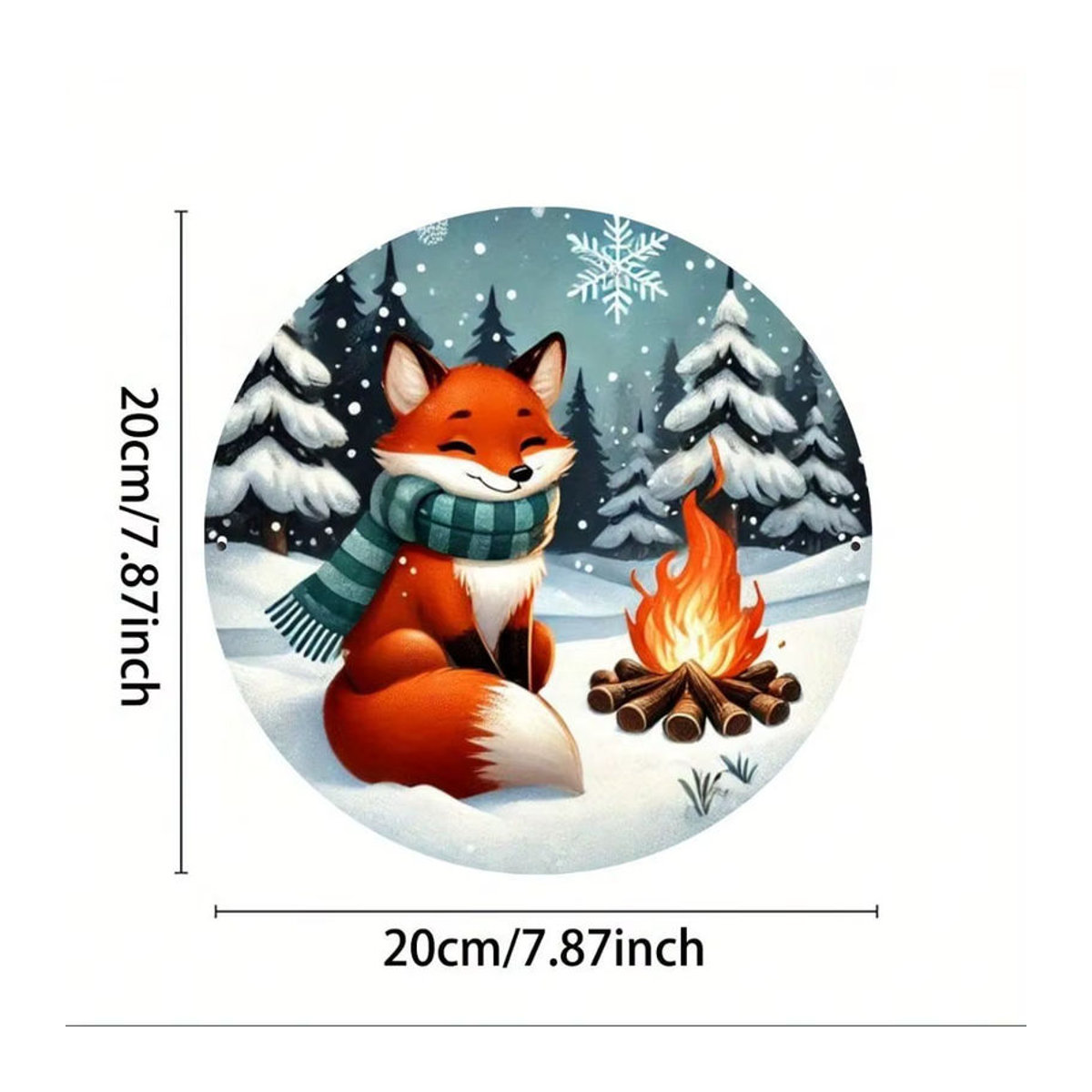 CIFBUY Fox Winter Bonfire Weihnachtsbaum Metallschild, rund, mehrfarbig, Durchmesser: 20,3 cm, Vintage Wandkunst aus Eisen für Zuhause und Garten - Bild 3