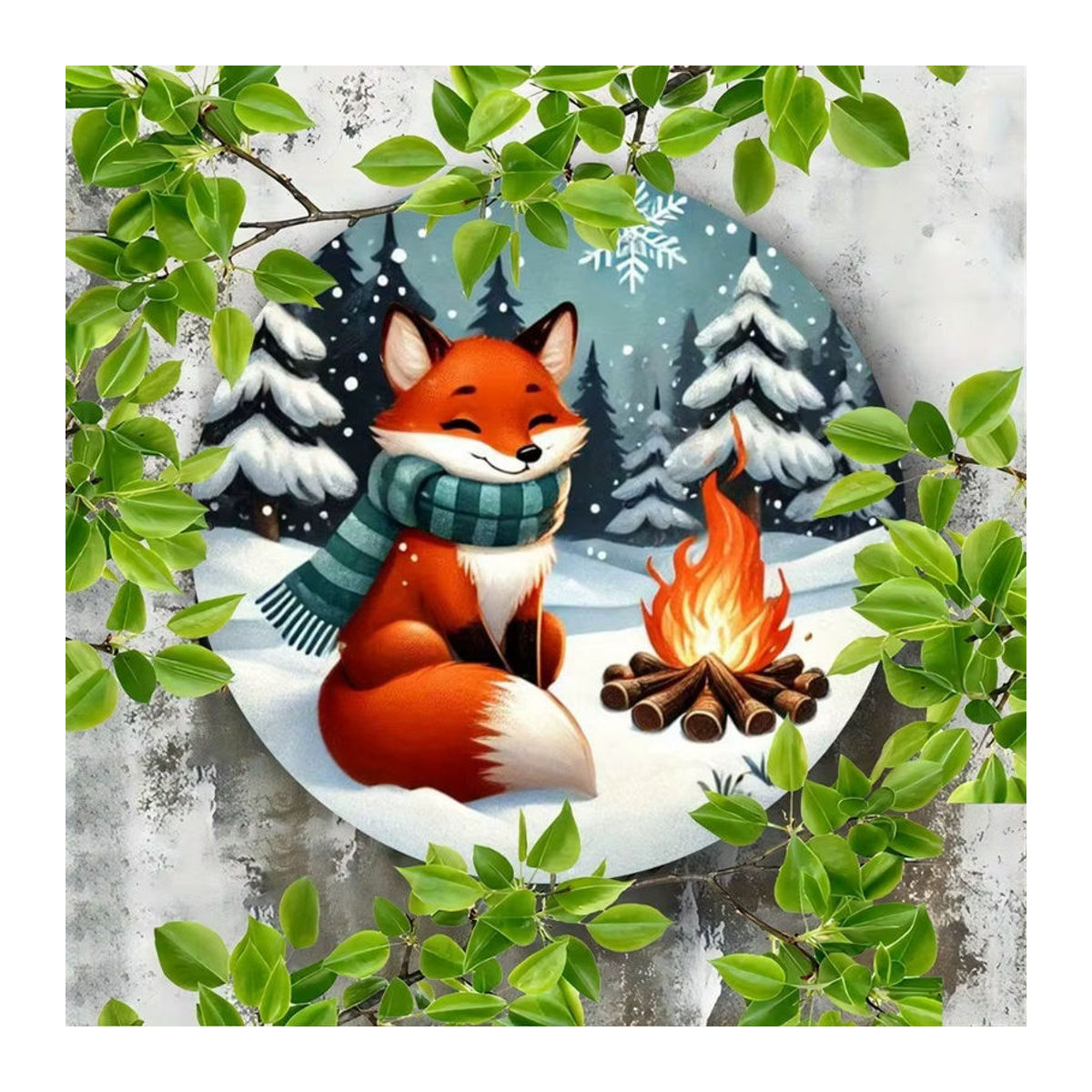 CIFBUY Fox Winter Bonfire Weihnachtsbaum Metallschild, rund, mehrfarbig, Durchmesser: 20,3 cm, Vintage Wandkunst aus Eisen für Zuhause und Garten - Bild 4