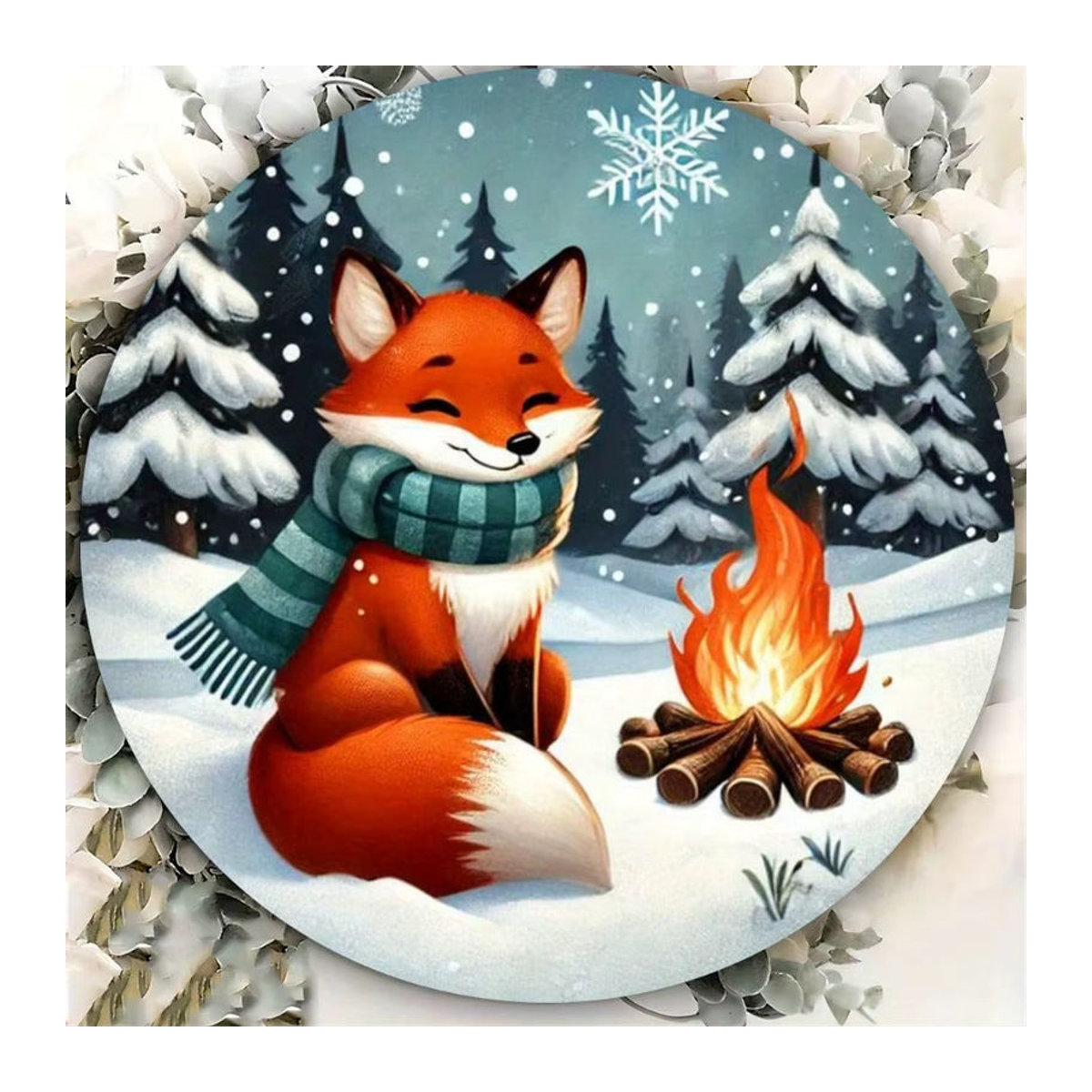 CIFBUY Fox Winter Bonfire Weihnachtsbaum Metallschild, rund, mehrfarbig, Durchmesser: 20,3 cm, Vintage Wandkunst aus Eisen für Zuhause und Garten - Bild 5