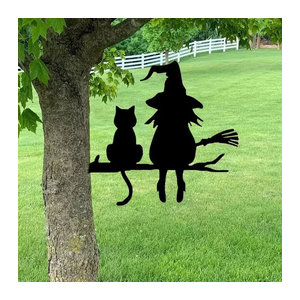 CIFBUY Gartendekoration Hexen und Katze aus Metall in Schwarz