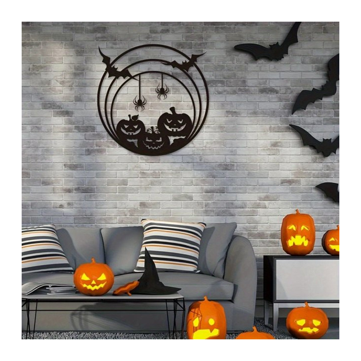 CIFBUY Gotische Kürbis-Wandkunst aus Metall in Schwarz, Rundes Halloween-Schild mit Spinnennetz-Motiv zur Wandmontage - Bild 1