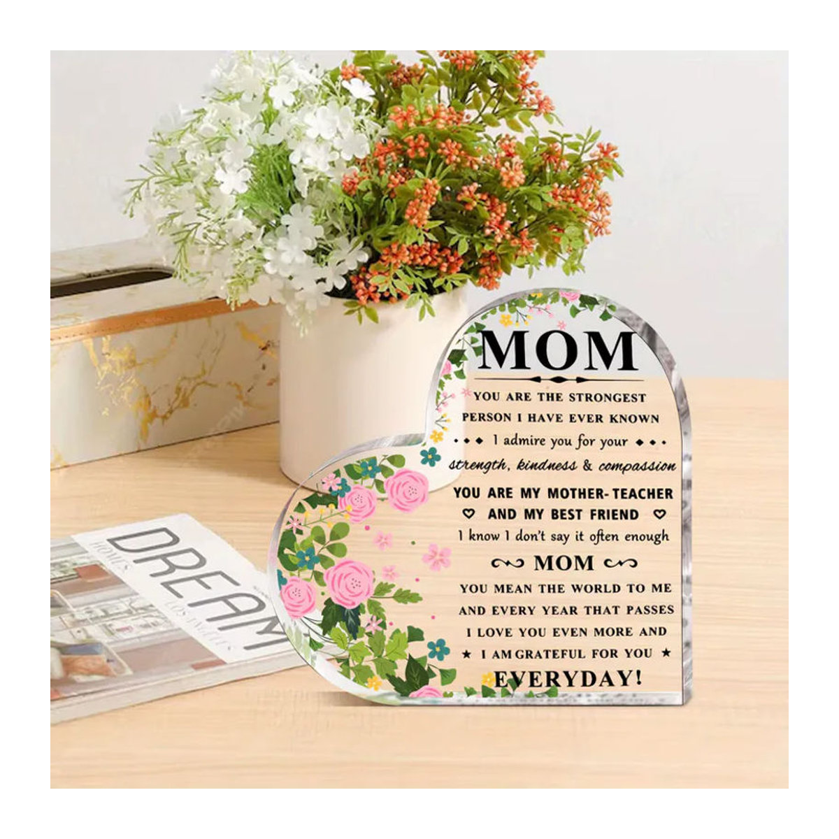 CIFBUY Herz-Acryl-Plakette mit floraler Botschaft als Muttertagsgeschenk oder Geburtstagsdekoration in Weiß und Mehrfarbig - Bild 3