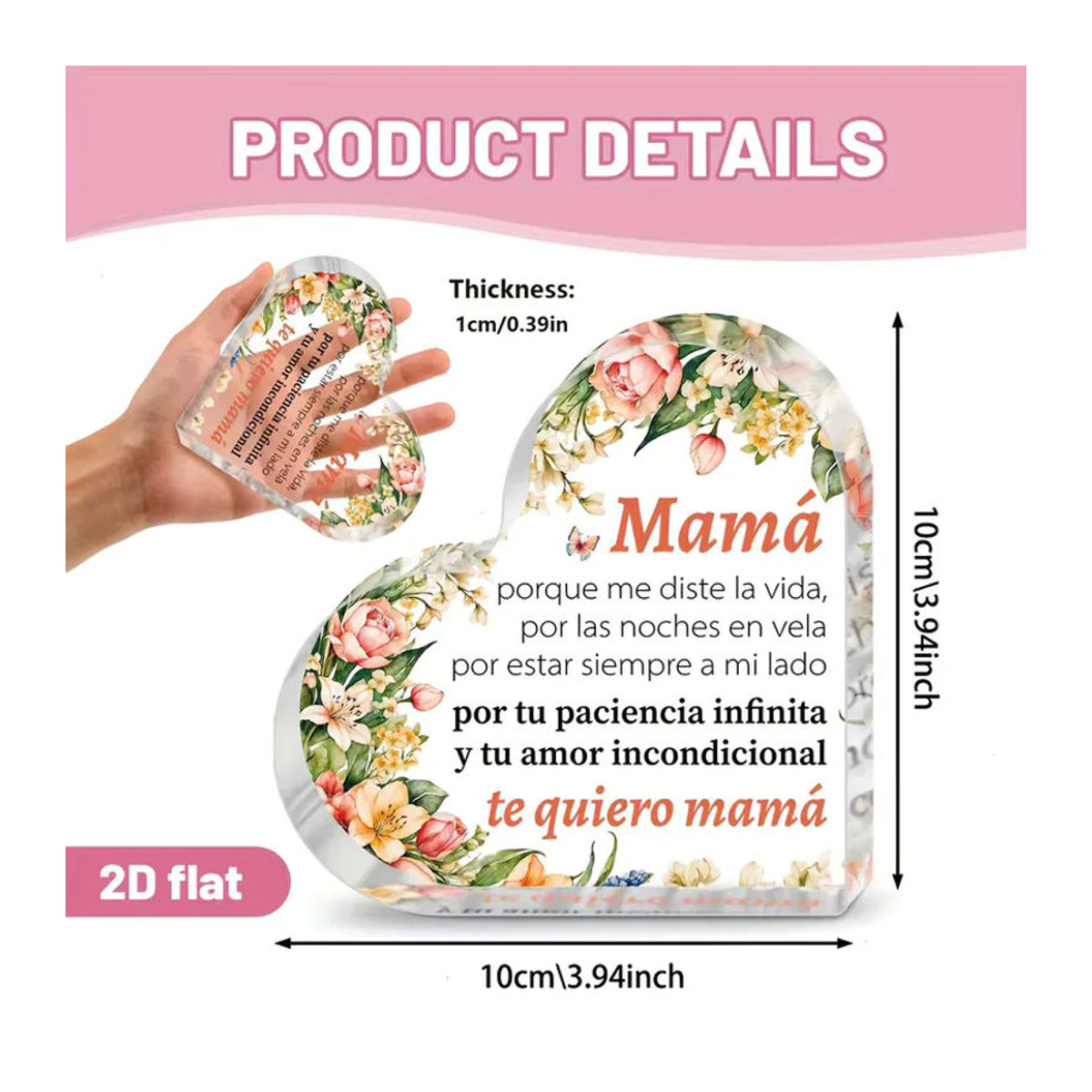 CIFBUY Herzförmiges Holzschild Te Quiero Mamá mit floralem Design und Schmetterlingen in Weiß - Bild 1