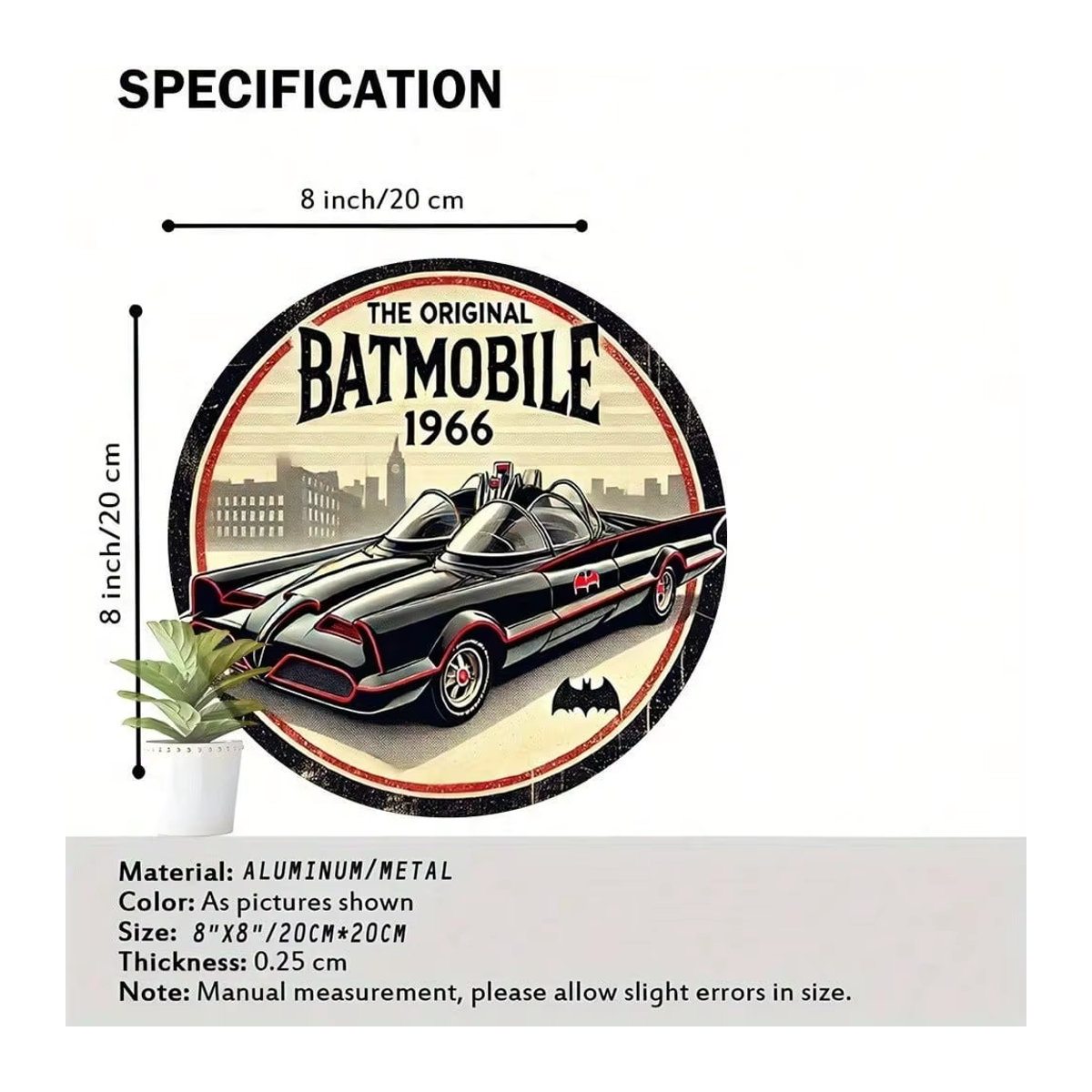 CIFBUY Metall-Blechschild 1966 Batmobile Vintage Wanddekoration Rund, Mehrfarbig - Bild 2