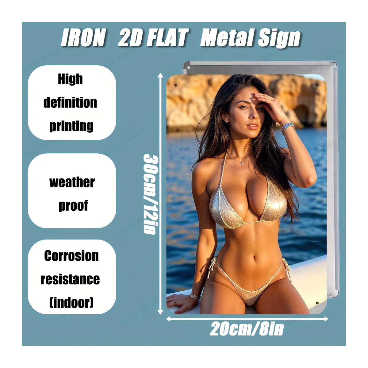 CIFBUY Metall-Wandkunst Bikini-Mädchen Vintage Strand-Schild in Gold und Mehrfarbig, B: 20 cm, H: 30 cm - Bild 1