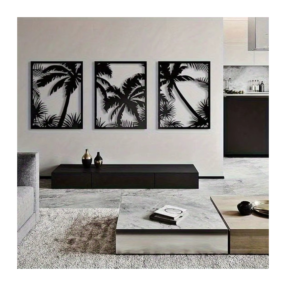 CIFBUY Metall-Wandkunst Palmen-Dekoration mit geometrischer Sonnenuntergang-Silhouette in Schwarz für dein Zuhause im Boho-Stil - Bild 3