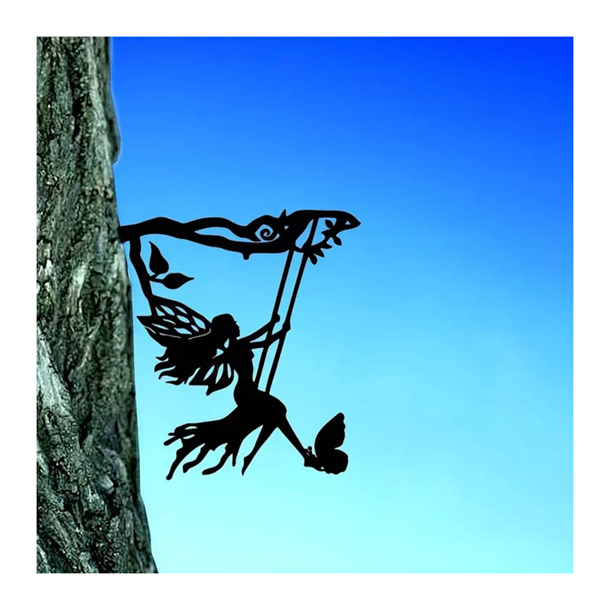 CIFBUY Metall-Wandkunst Schaukel-Elf auf Ast als schwarze Silhouette zur Wandmontage für Garten und Terrasse - Bild 1