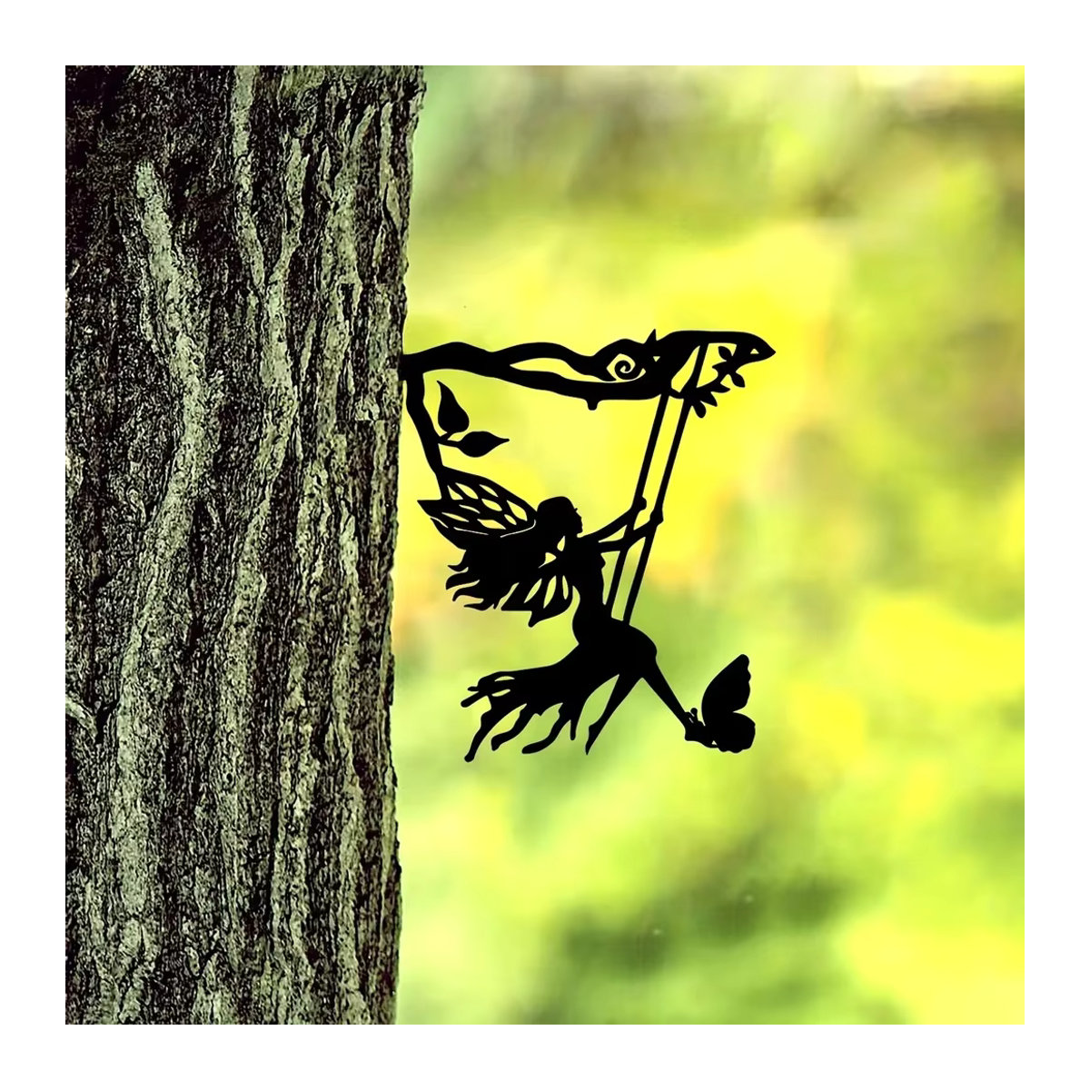 CIFBUY Metall-Wandkunst Schaukel-Elf auf Ast als schwarze Silhouette zur Wandmontage für Garten und Terrasse - Bild 2